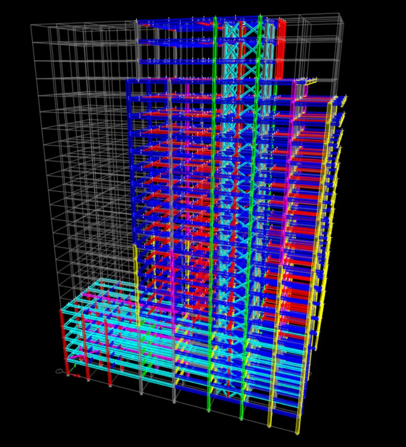 Modelo estructural 3D de la torre Altamar Departamentos, vista frontal